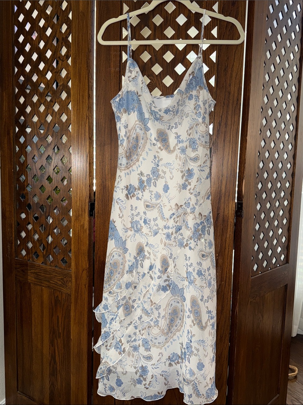 Alyn Paige Cream Paisley Slip Midi Dress with Light Blue Accents